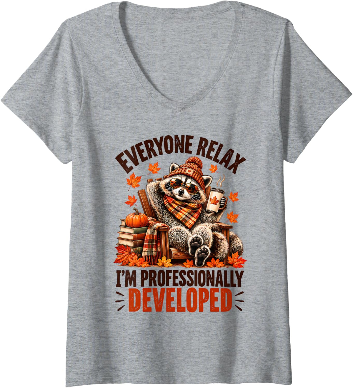 Women's Everyone Relax I'm Professionally Developed Autumn Raccoon V-Neck T-Shirt - Heather Grey