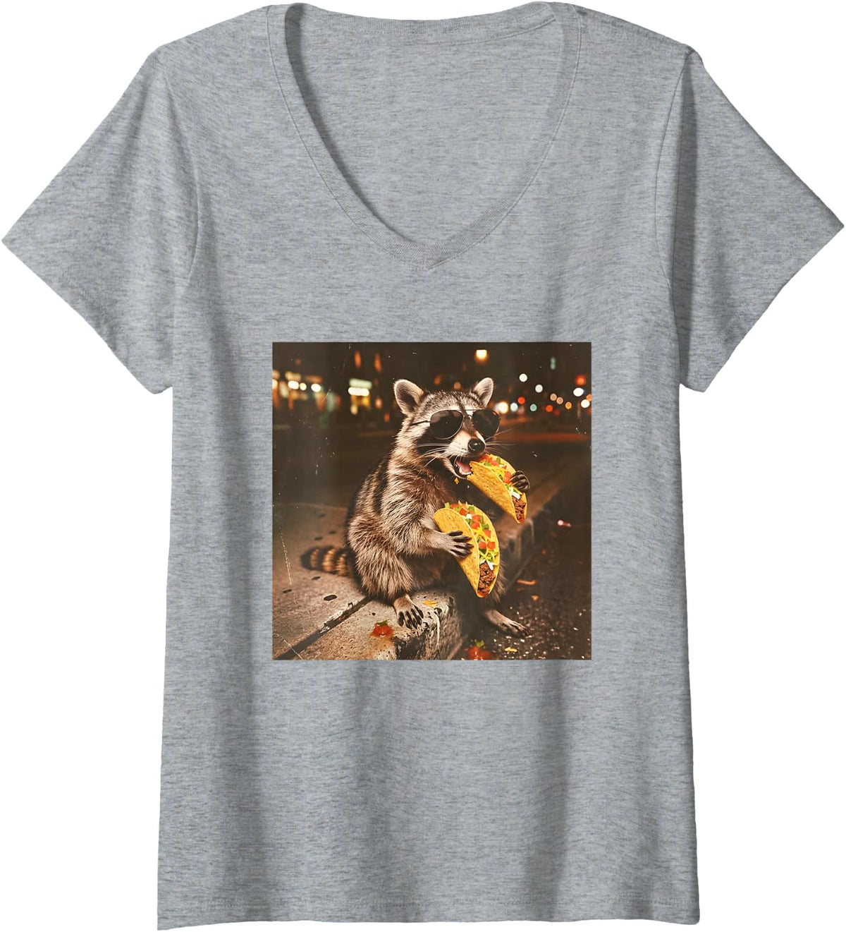 Women's Funny Raccoons Eating Taco Meme Trash Panda Food V-Neck T-Shirt - Heather Grey