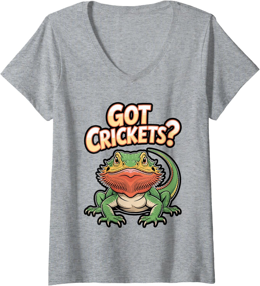 Women's Got Crickets? Bearded Dragon Funny Lizard T-Shirt V-Neck T-Shirt - Heather Grey