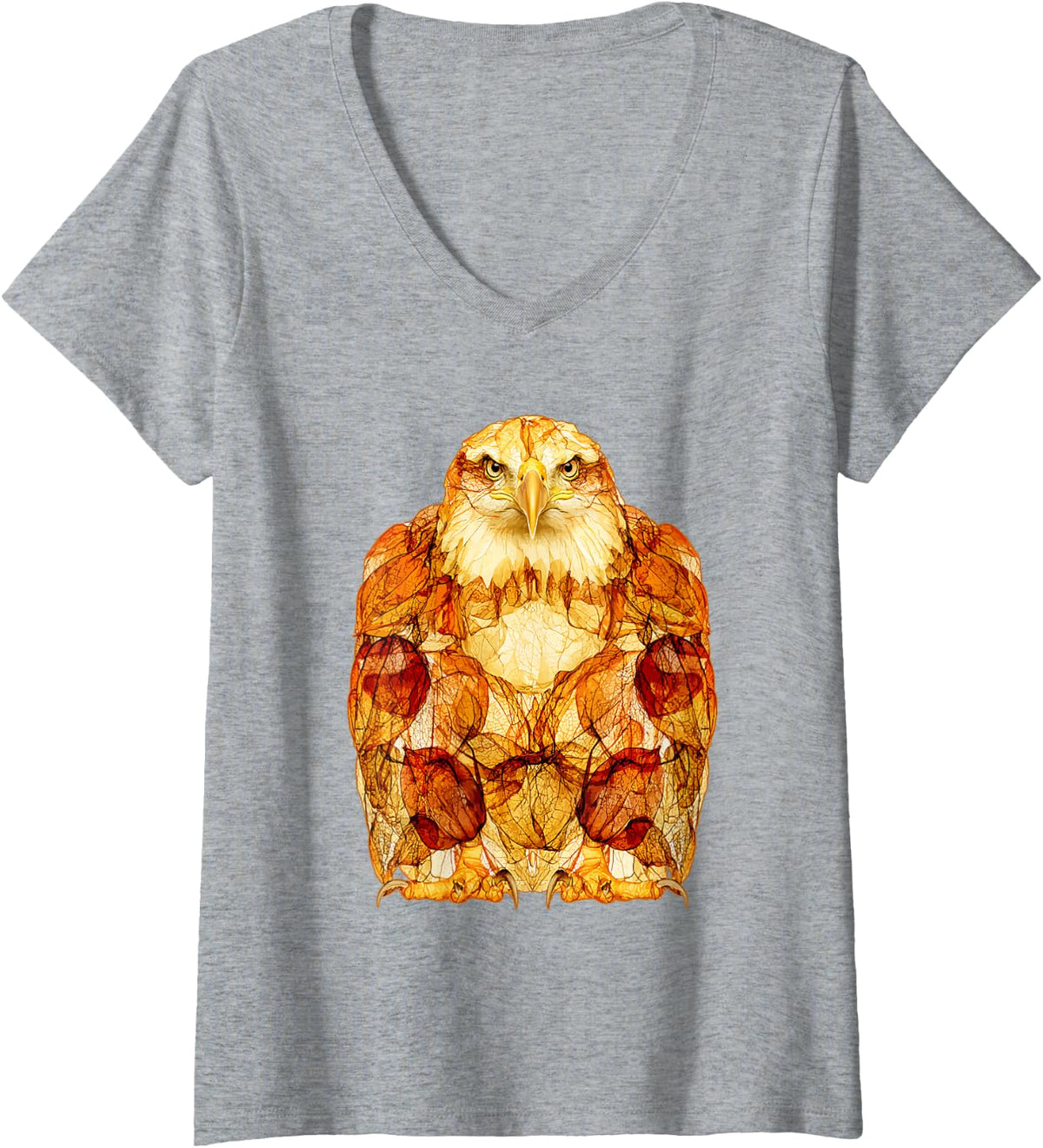 Women's Bald Eagle with Autumn Leaves Artistic Fall Bird Art V-Neck T-Shirt - Heather Grey