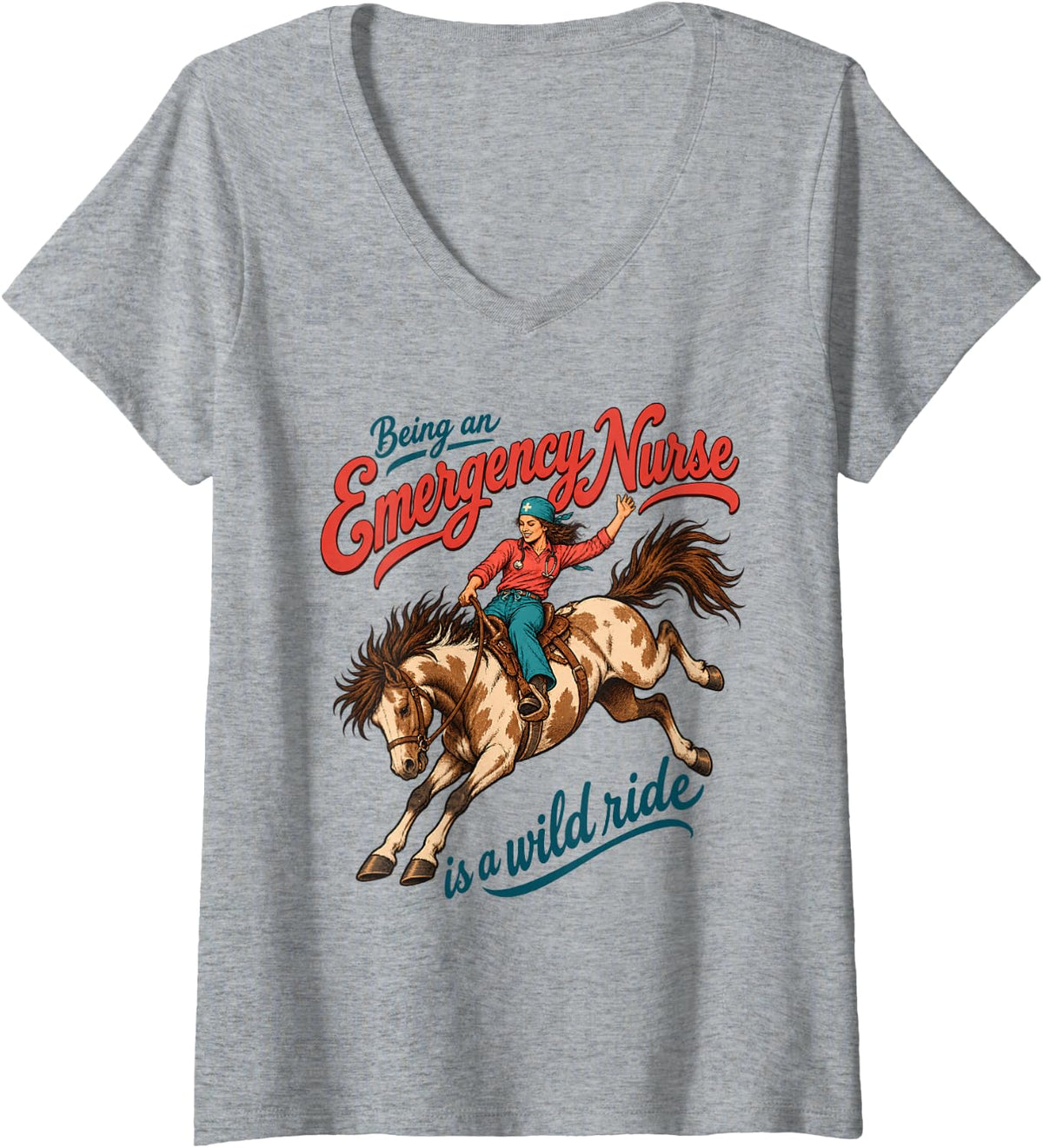 Women's Emergency Nurse Horse Rodeo Western Medical Humor Cowgirl V-Neck T-Shirt - Heather Grey