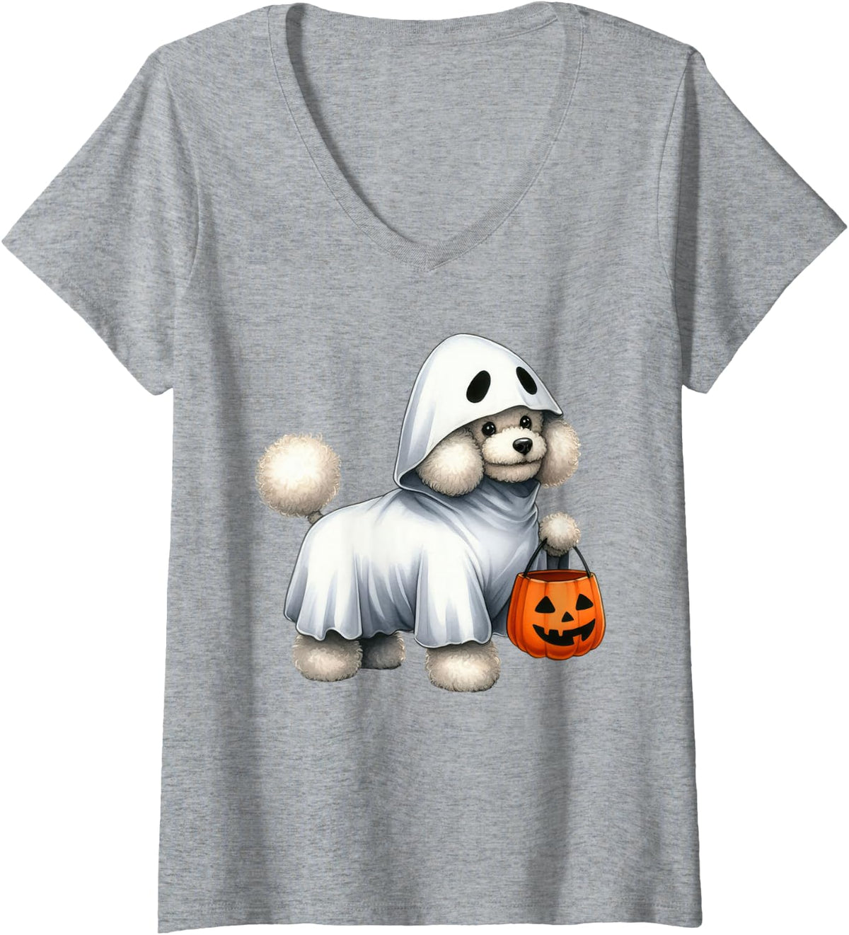 Womens Poodle Dog Halloween Costume Ghost White Poodle Pumpkin V-Neck T-Shirt - Heather Grey