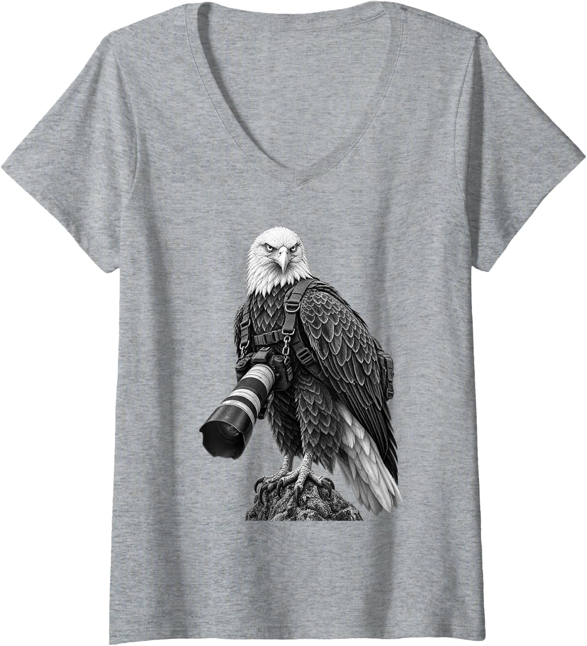 Women's Bald Eagle Photographer with Camera V-Neck T-Shirt - Heather Grey