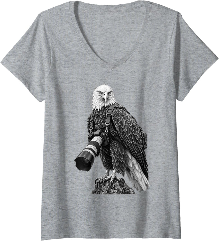 Women's Bald Eagle Photographer with Camera V-Neck T-Shirt - Heather Grey