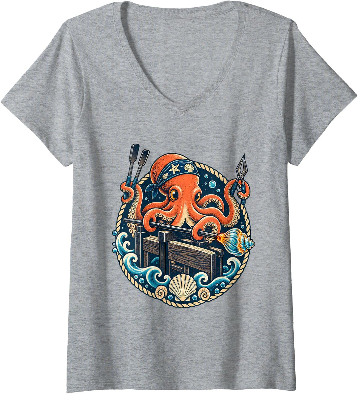 Women's Octopus Glass Blowing Hot Glass Artist V-Neck T-Shirt - Heather Grey