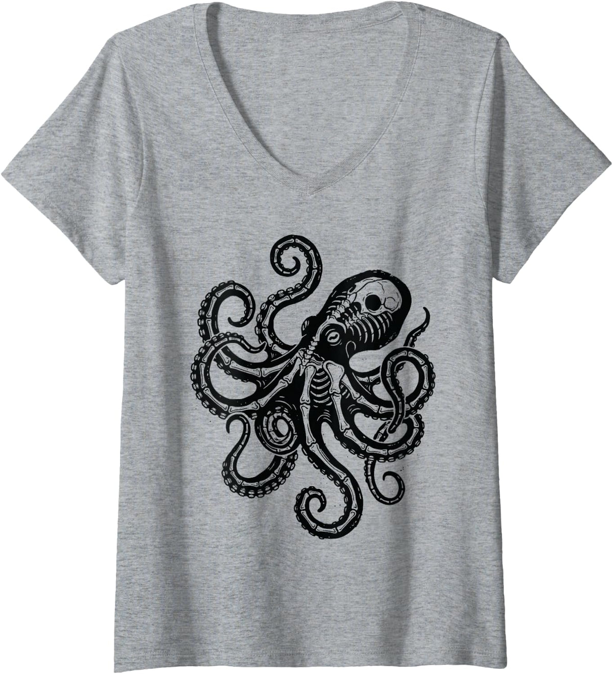 Women's Octopus Skeleton Animal X-Ray Funny Kraken V-Neck T-Shirt - Heather Grey
