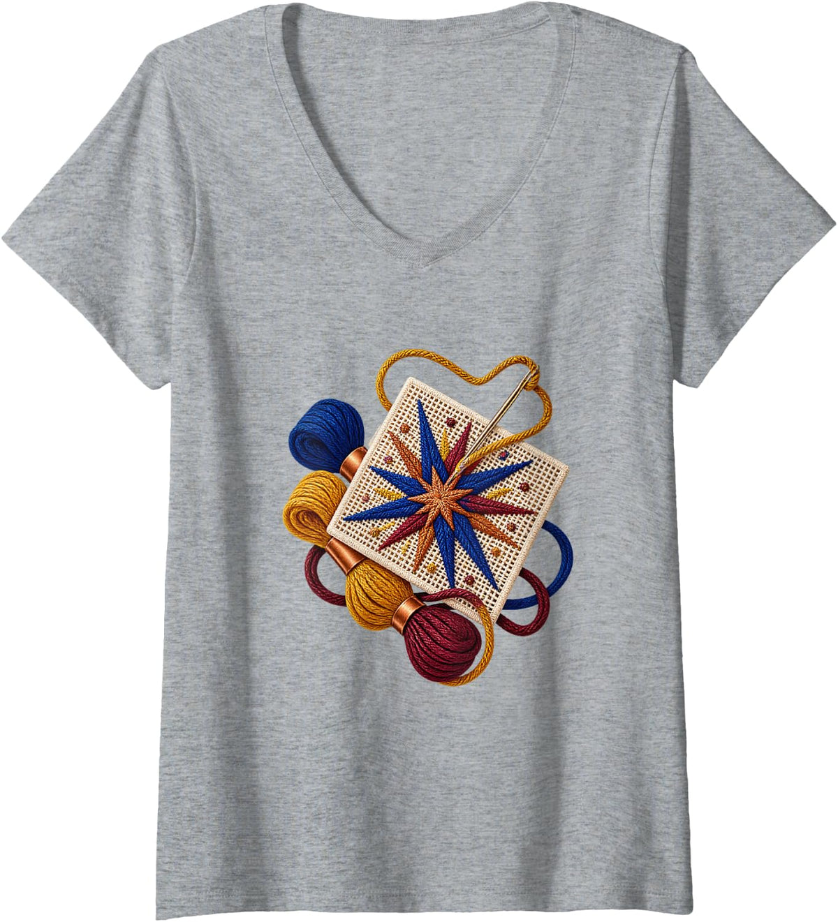 Women's Radiant Ornate Embroidery Sampler with Scissors and Thread V-Neck T-Shirt - Heather Grey