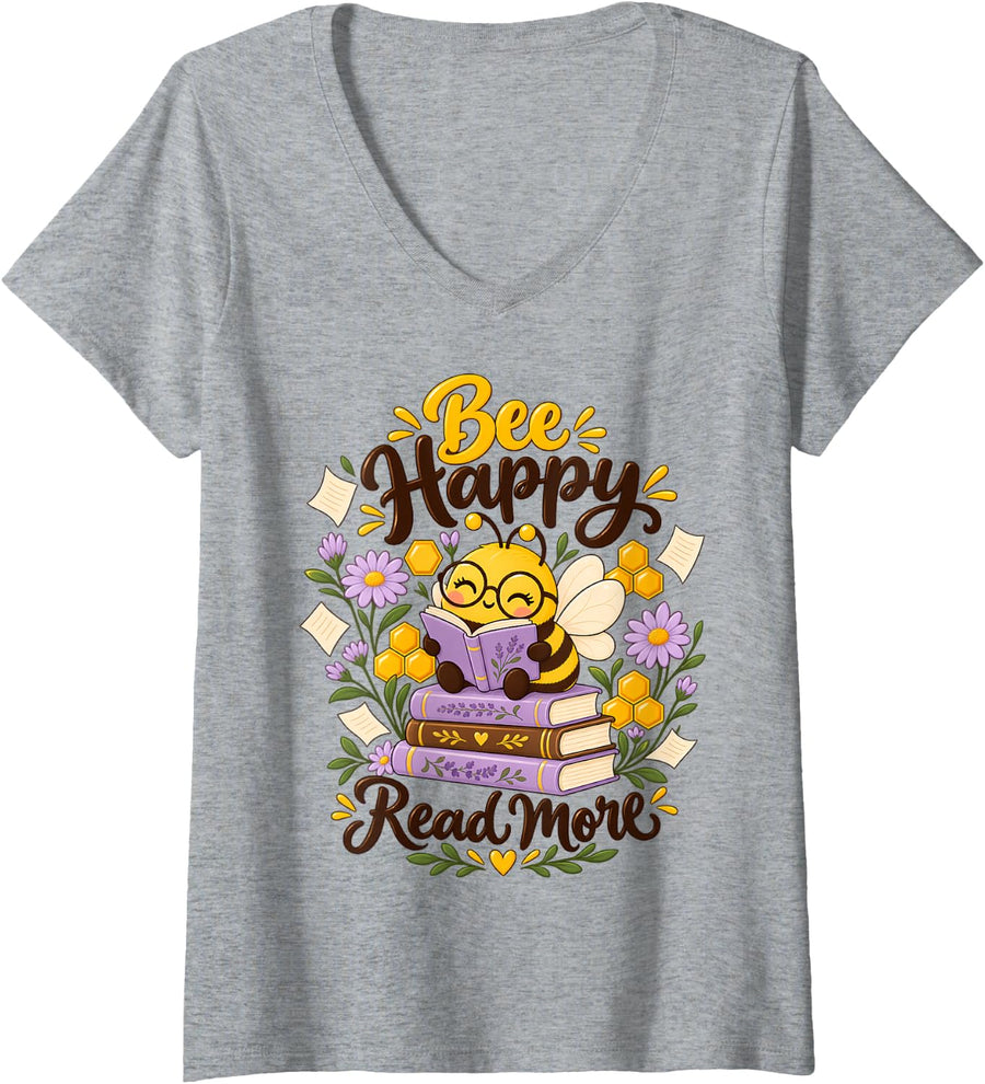 Women's Bee Happy Read More Reader Bookworm Librarian Teacher Girls V-Neck T-Shirt - Heather Grey