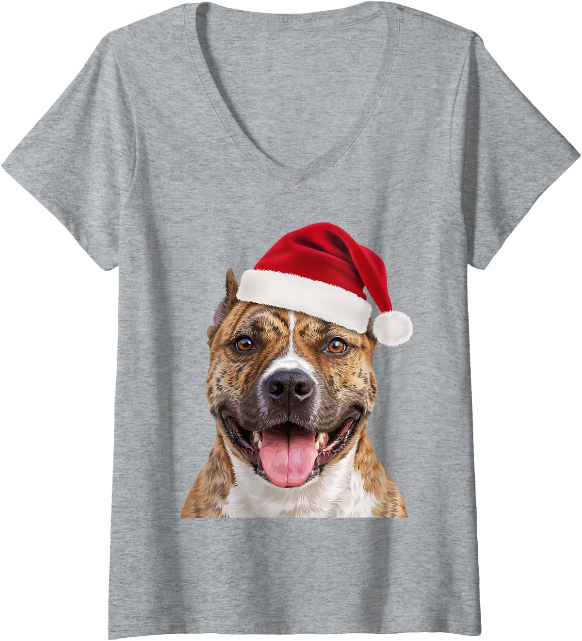 Women's American Staffordshire Terrier Santa Hat Holiday Portrait V-Neck T-Shirt - Heather Grey