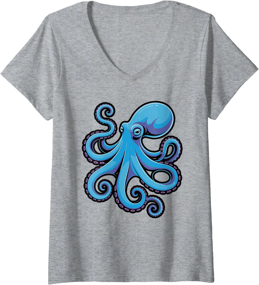 Women's Vivid Blue Octopus Nautical Artwork V-Neck T-Shirt - Heather Grey