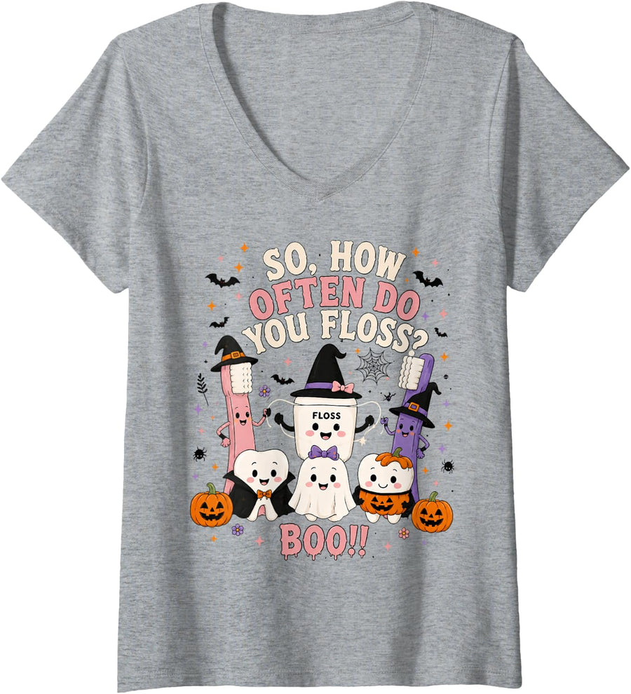 Women's How Often Do You Floss Funny Halloween Dentist Dental V-Neck T-Shirt - Heather Grey