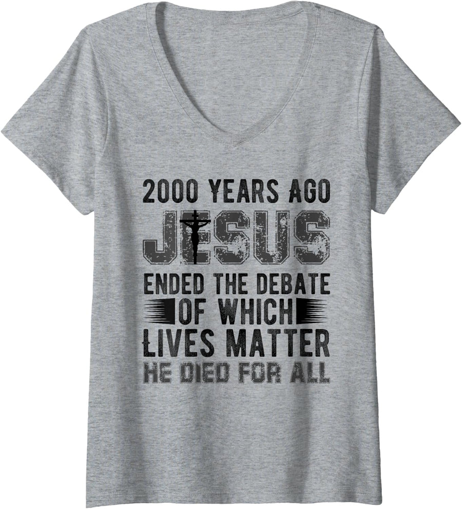 Women's 2000 Years Ago Jesus Ended the Debate Religious Christian V-Neck T-Shirt - Heather Grey