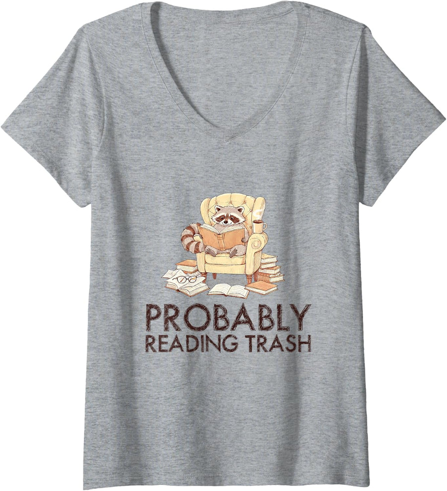 Women's Probably Reading Trash Funny Raccoon Book Lover Reader Nerd V-Neck T-Shirt - Heather Grey