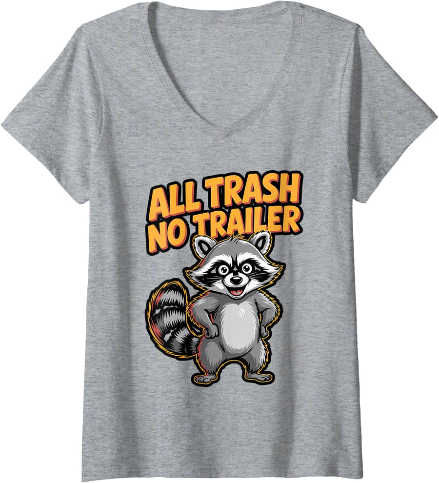 Women's All Trash No Trailer Raccoon Meme V-Neck T-Shirt - Heather Grey