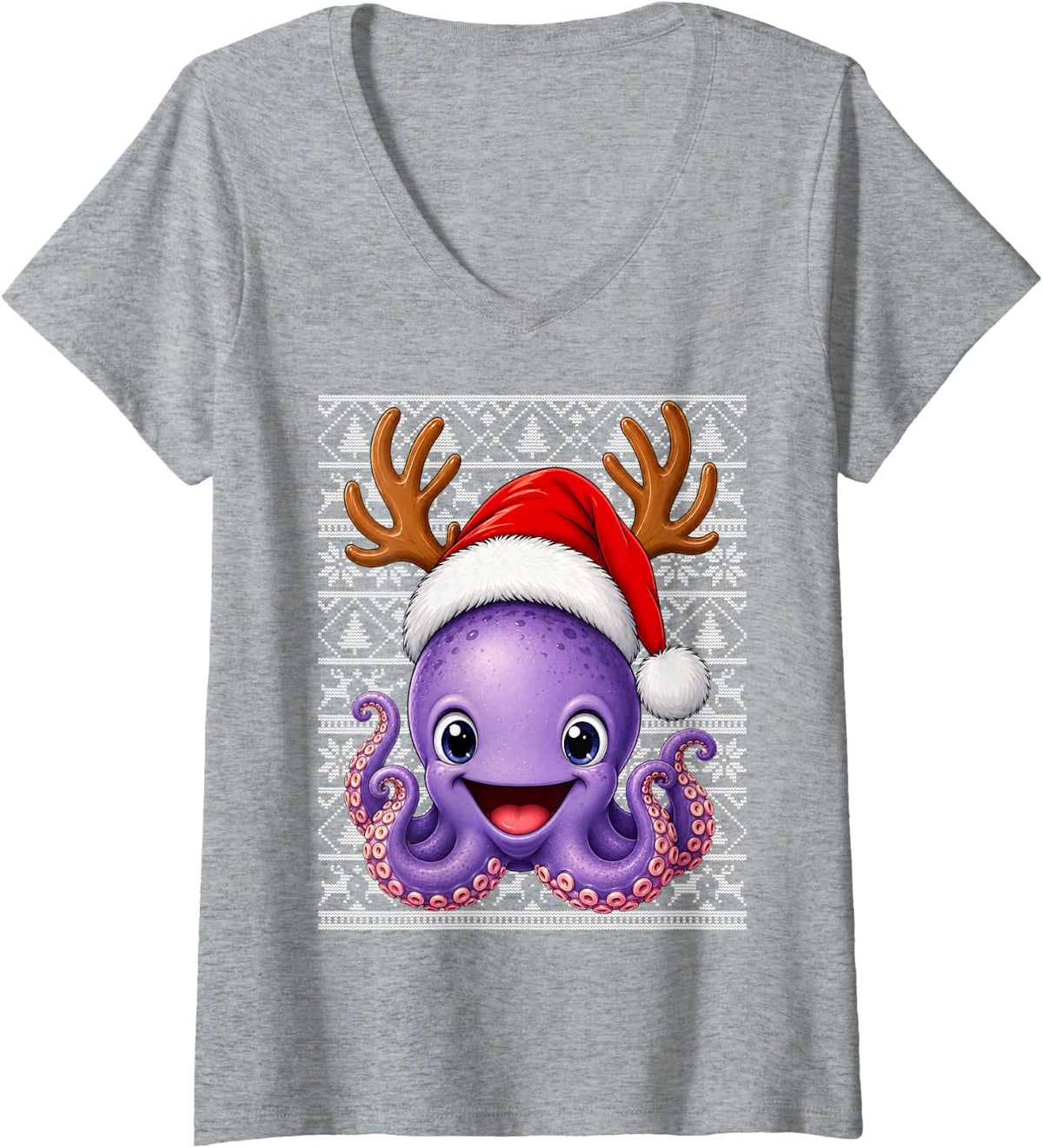 Women's Octopus Christmas Santa Hat Ugly Sweaters Octopus Xmas V-Neck T-Shirt - Heather Grey