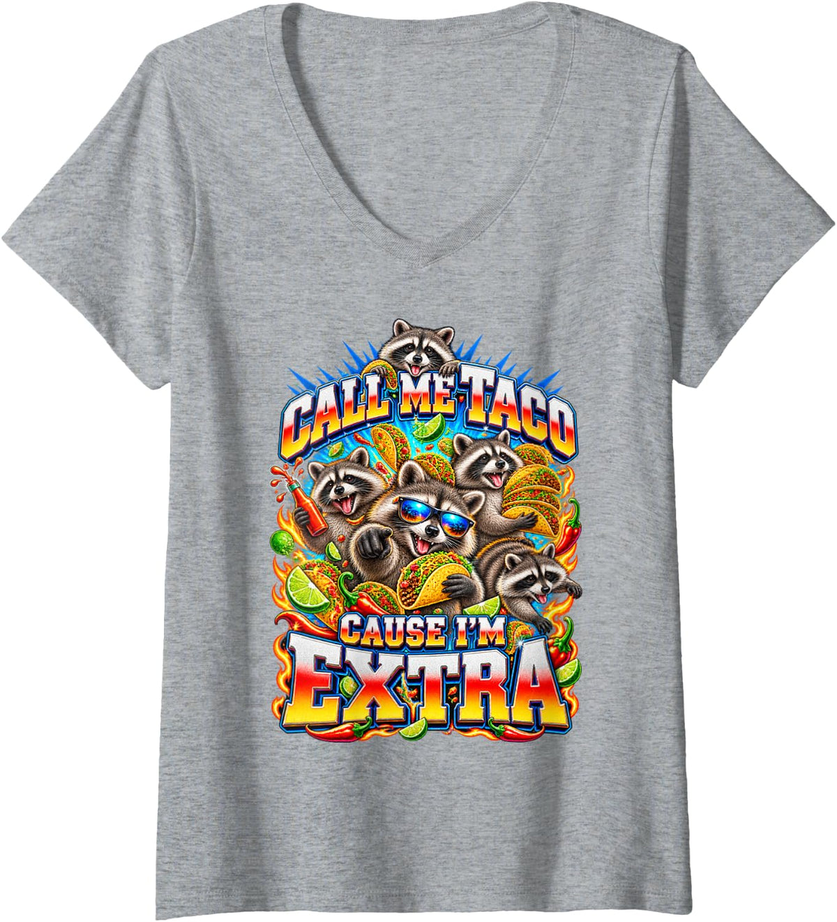 Women's Funny Raccoon Call Me Taco Cause I'm Extra Bootleg Raccoons V-Neck T-Shirt - Heather Grey
