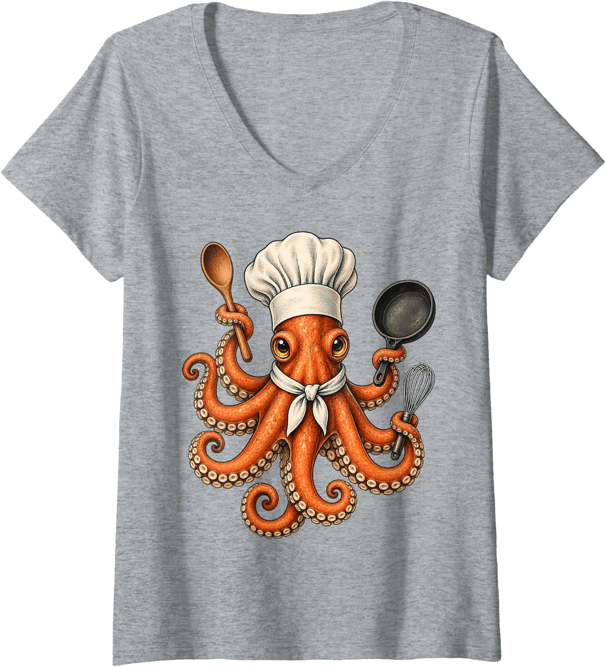Women's Chef Octopus Cooking Kitchen Culinary Seafood Cook V-Neck T-Shirt - Heather Grey