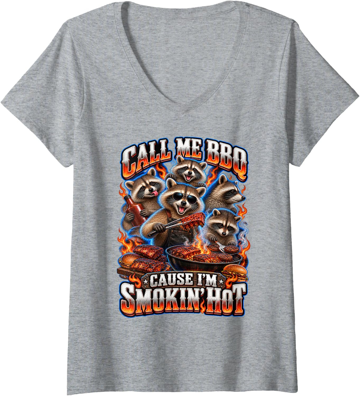 Women's Funny Raccoon Meme Call Me BBQ Grilling Raccoons Grill Lover V-Neck T-Shirt - Heather Grey