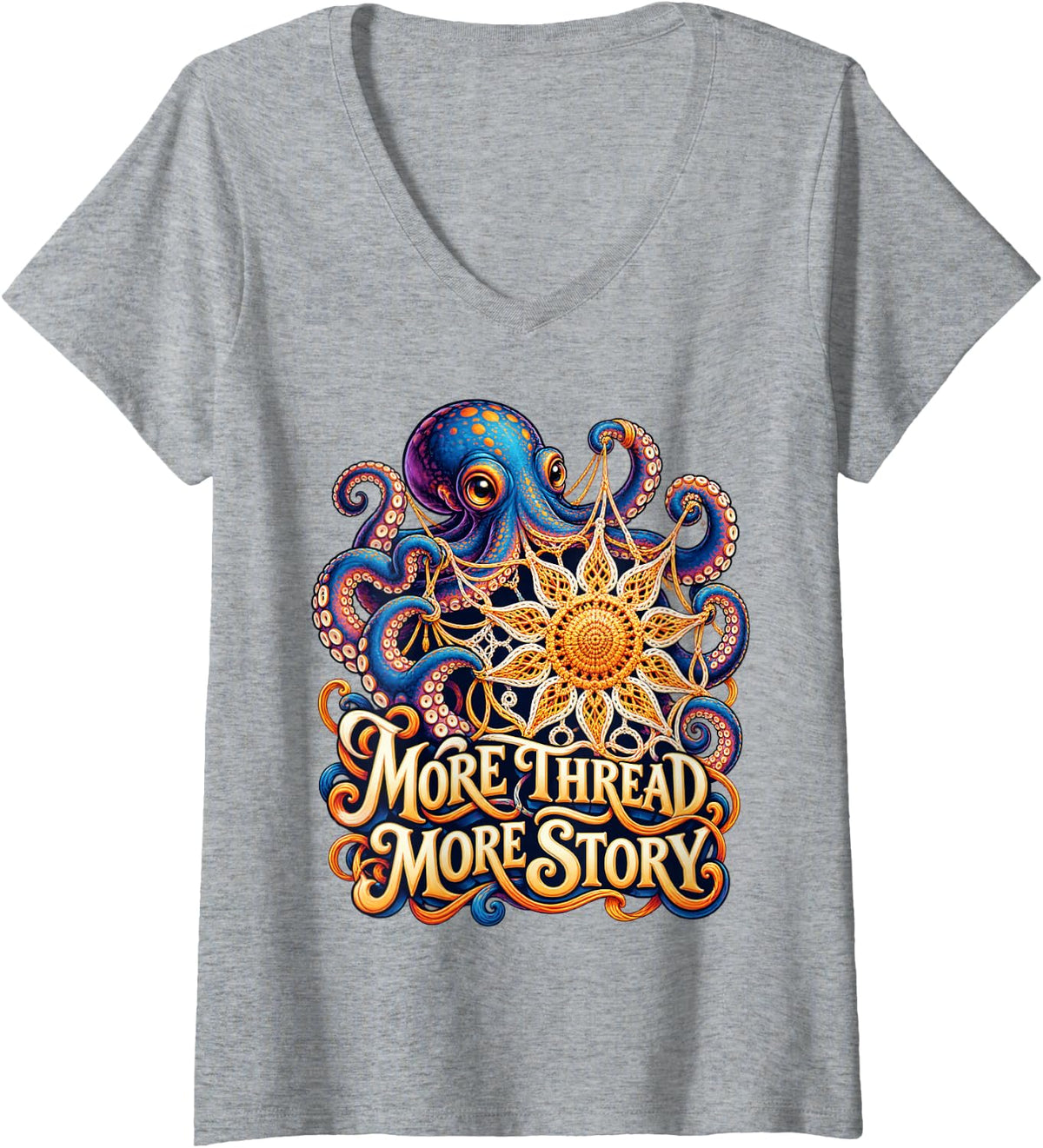 Women's Octopus Crochet More Thread More Story Fiber Art V-Neck T-Shirt - Heather Grey