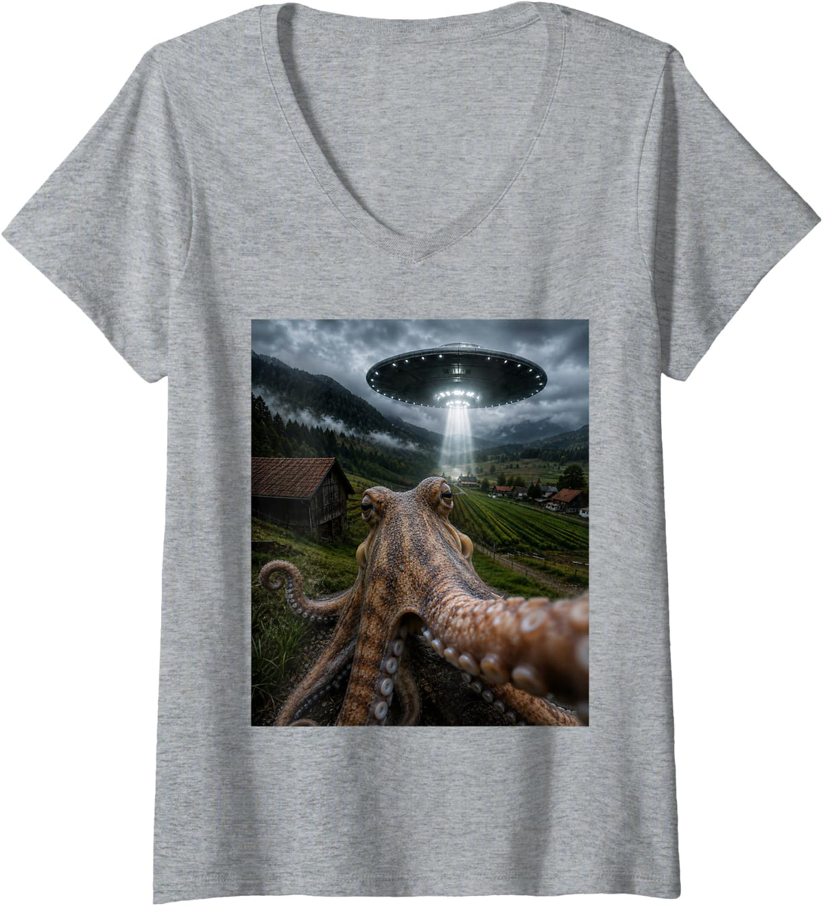 Women's Octopus Selfie with Alien UFO Funny Meme V-Neck T-Shirt - Heather Grey