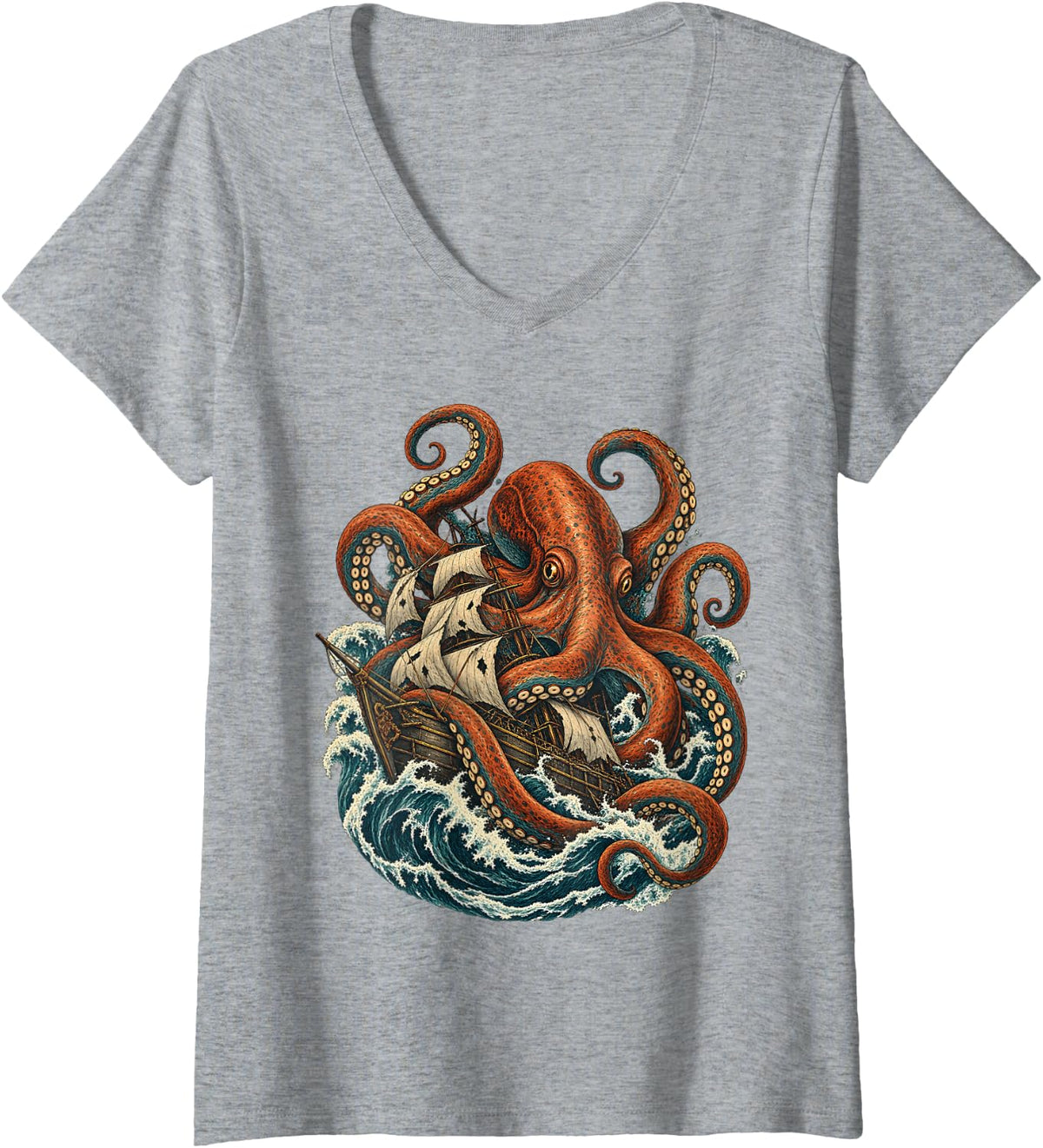 Women's Pirate Ship Kraken Octopus Sea Monster Ocean Art V-Neck T-Shirt - Heather Grey