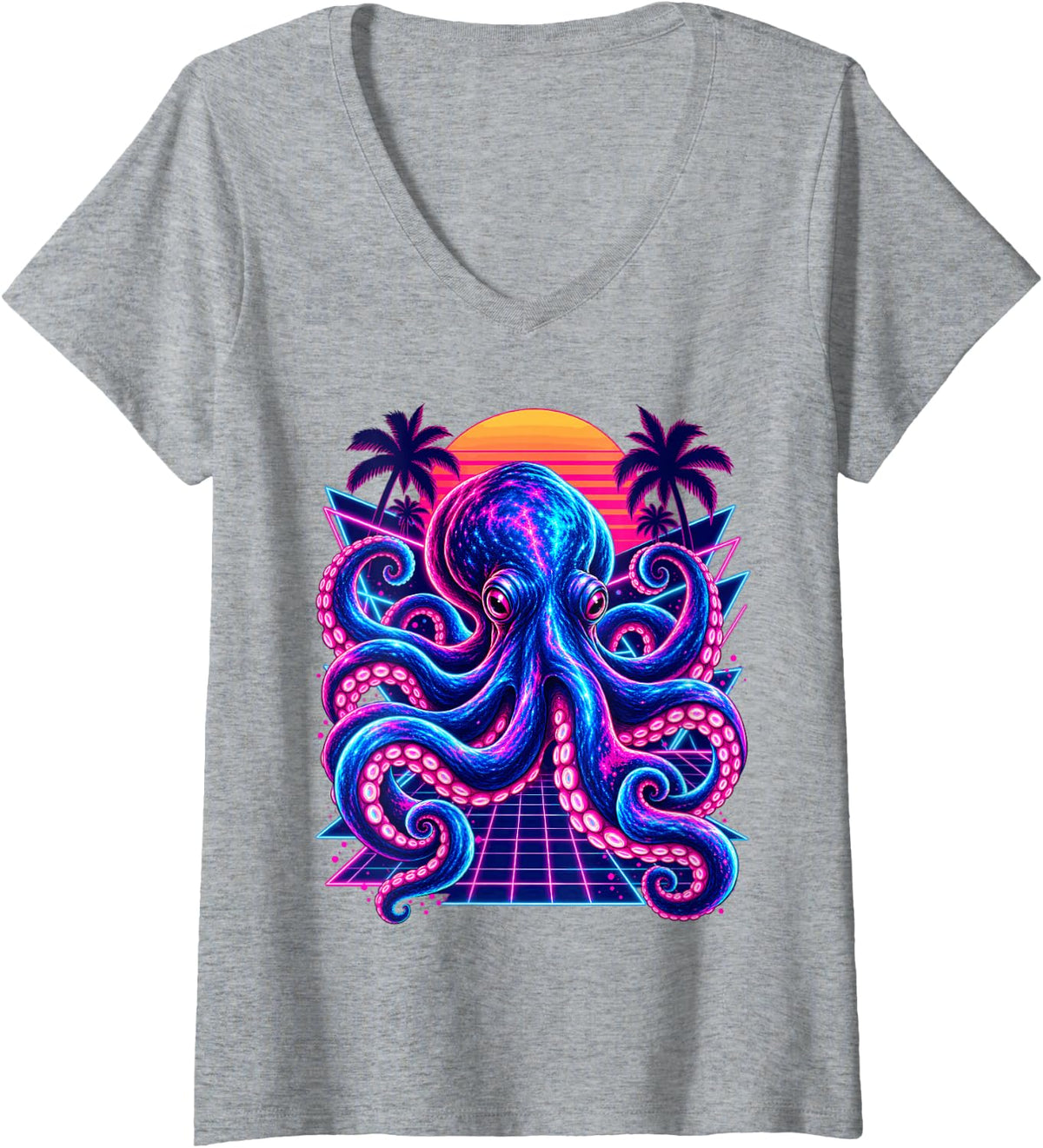 Women's Retrowave Synthwave Octopus Vaporwave Ocean Animal V-Neck T-Shirt - Heather Grey