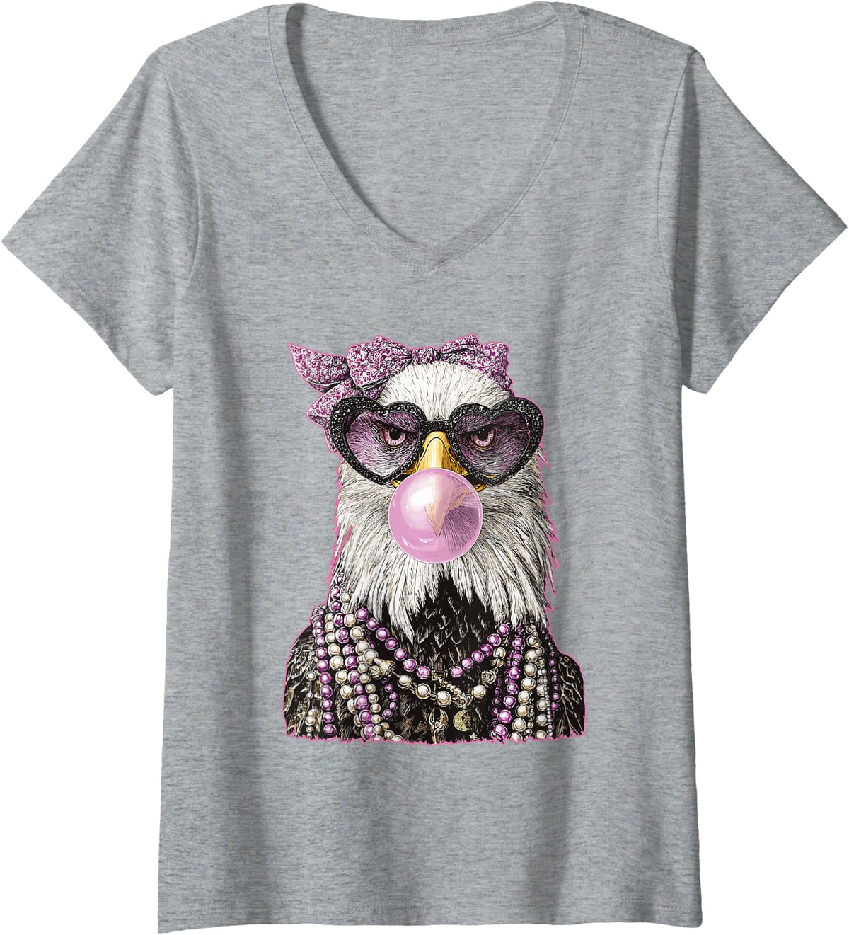 Women's Glam Bald Eagle with Sunglasses Animal Bubblegum Halloween V-Neck T-Shirt - Heather Grey