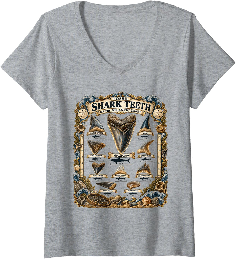 Women's Atlantic Coast Fossil Shark Teeth Identification V-Neck T-Shirt - Heather Grey