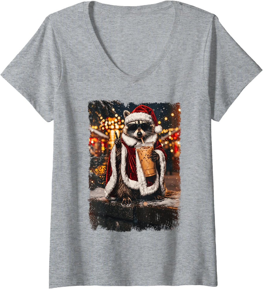 Women's Cool Christmas Santa Raccoon Sunglasses Iced Coffee Lover V-Neck T-Shirt - Heather Grey