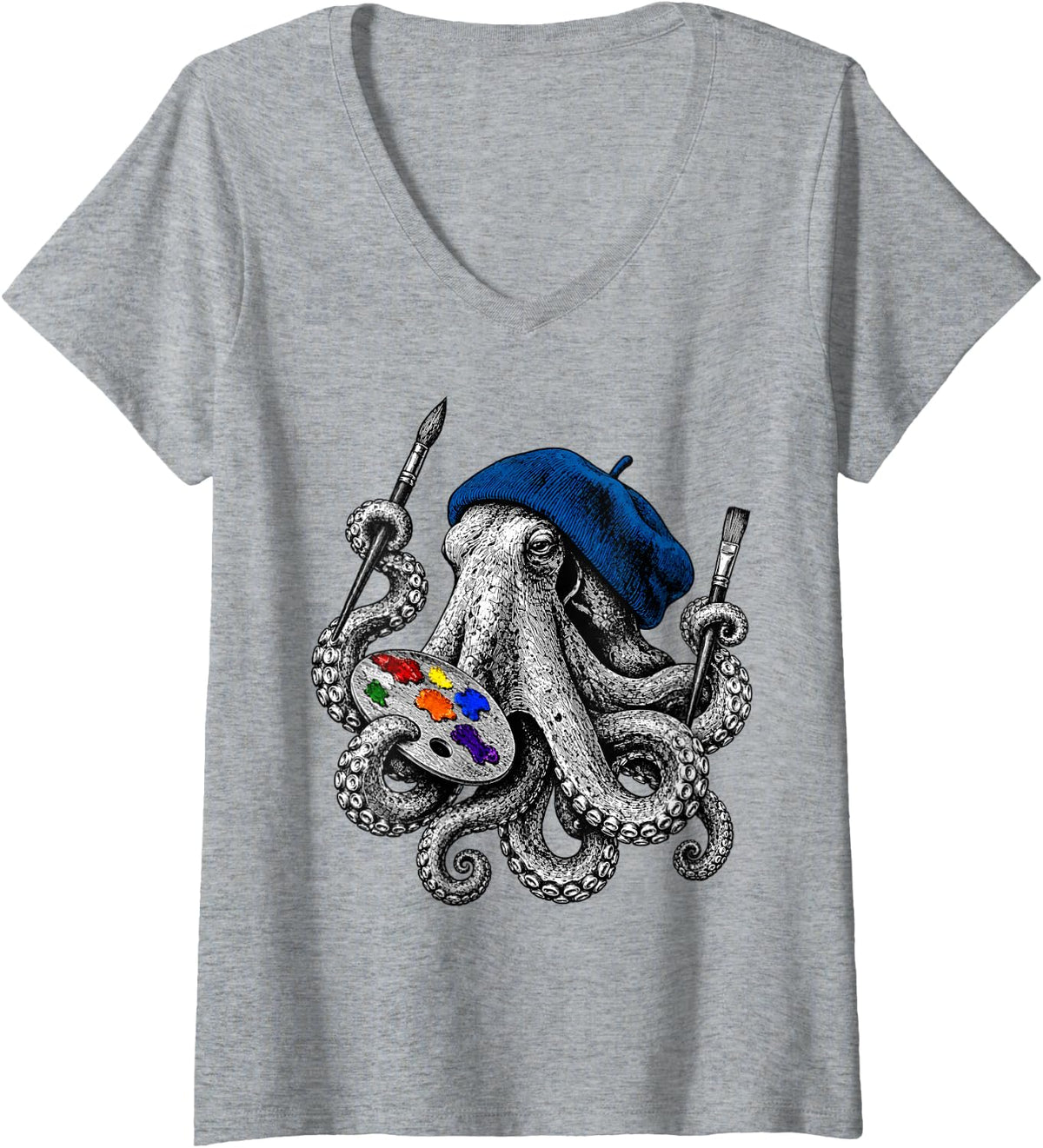 Women's Artist Octopus Painter Beret Palette Brush Art V-Neck T-Shirt - Heather Grey