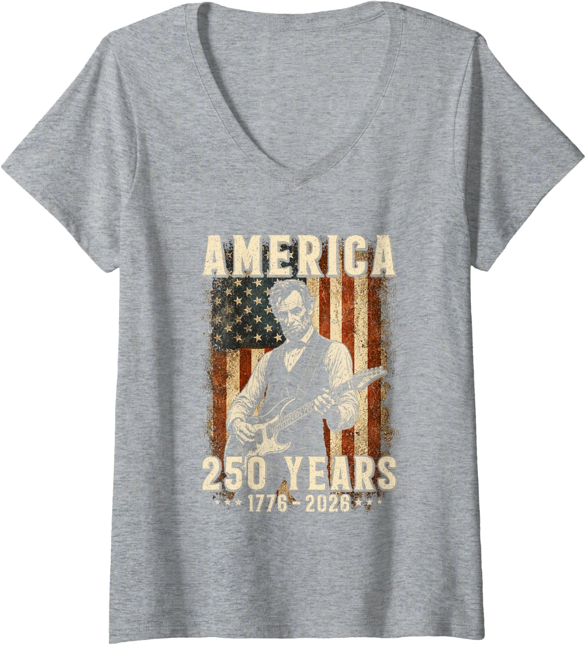 Women's Vintage Abraham Lincoln Abe Lincoln Playing Guitar 250 Years V-Neck T-Shirt - Heather Grey
