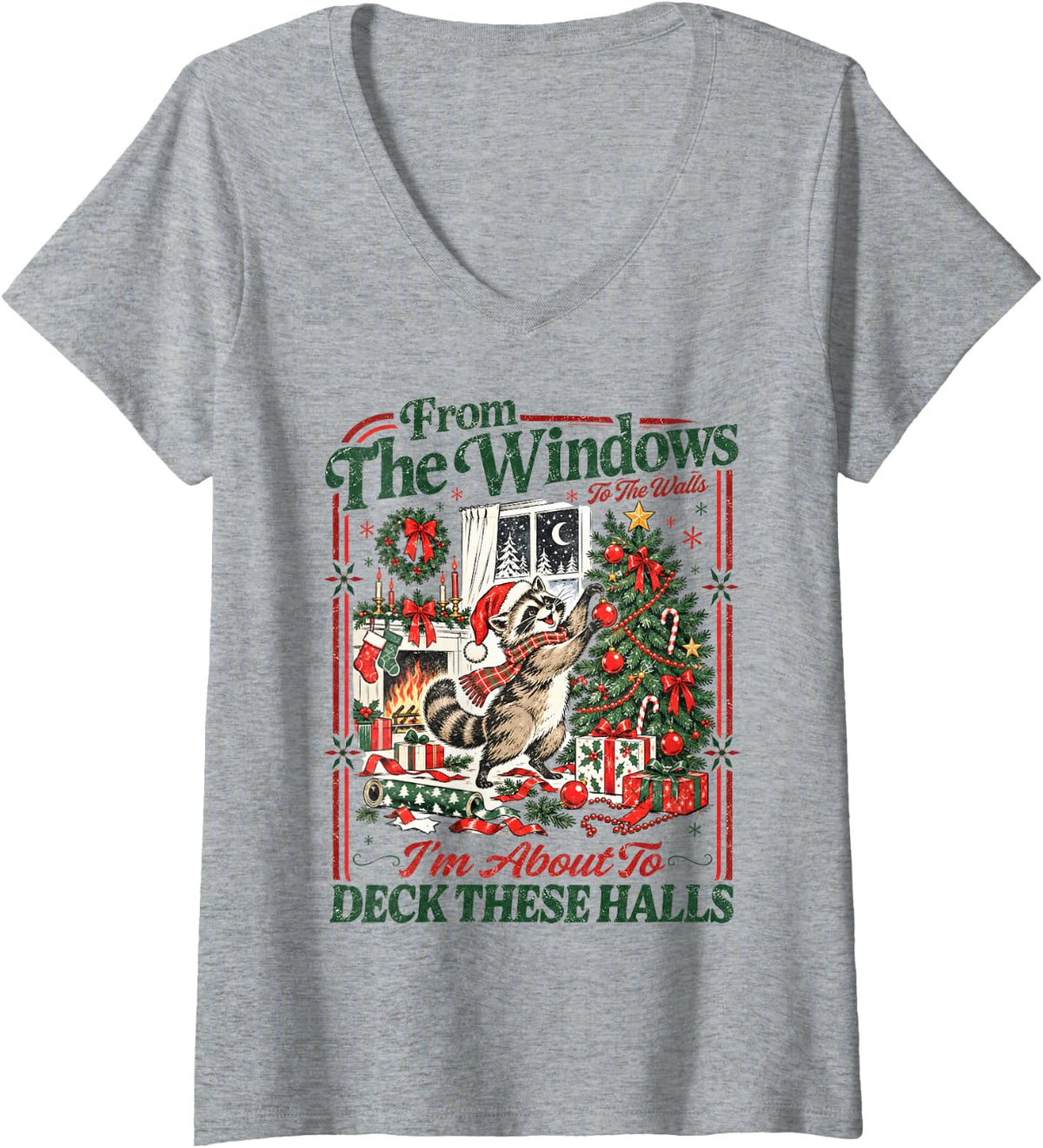 Women's from The Windows to Walls Funny Christmas Raccoon Xmas Tree V-Neck T-Shirt - Heather Grey