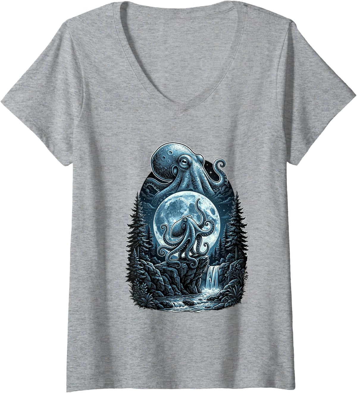 Women's Kraken Octopus Howling to The Moon Funny Meme Lover Men V-Neck T-Shirt - Heather Grey