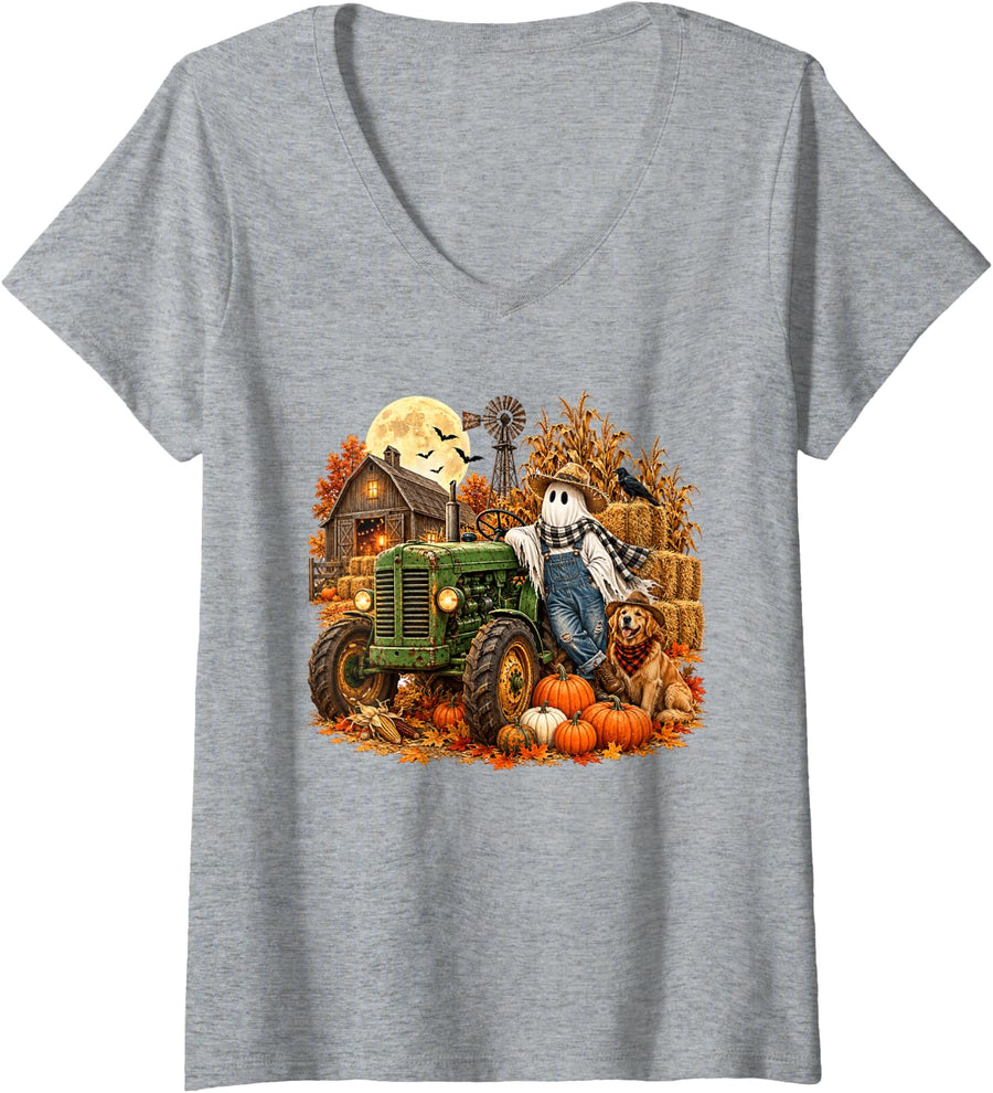 Women's Farmer Ghost Halloween Farming Tractor Or Treat Farm Life V-Neck T-Shirt - Heather Grey