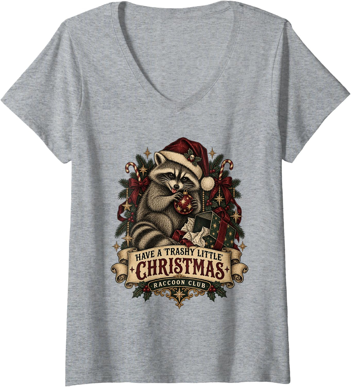 Women's Have A Trashy Little Christmas Raccoon Funny Xmas V-Neck T-Shirt - Heather Grey
