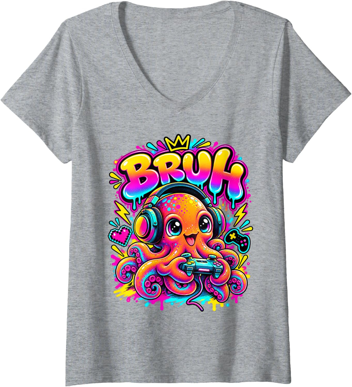 Women's Bruh Octopus Funny Video Games Boys Animal Lover V-Neck T-Shirt - Heather Grey
