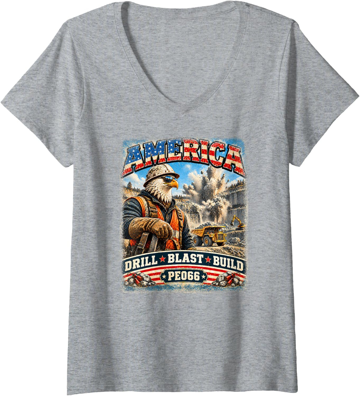 Women's America | Drill Blast Build | Vintage Eagle Quarry Worker V-Neck T-Shirt - Heather Grey