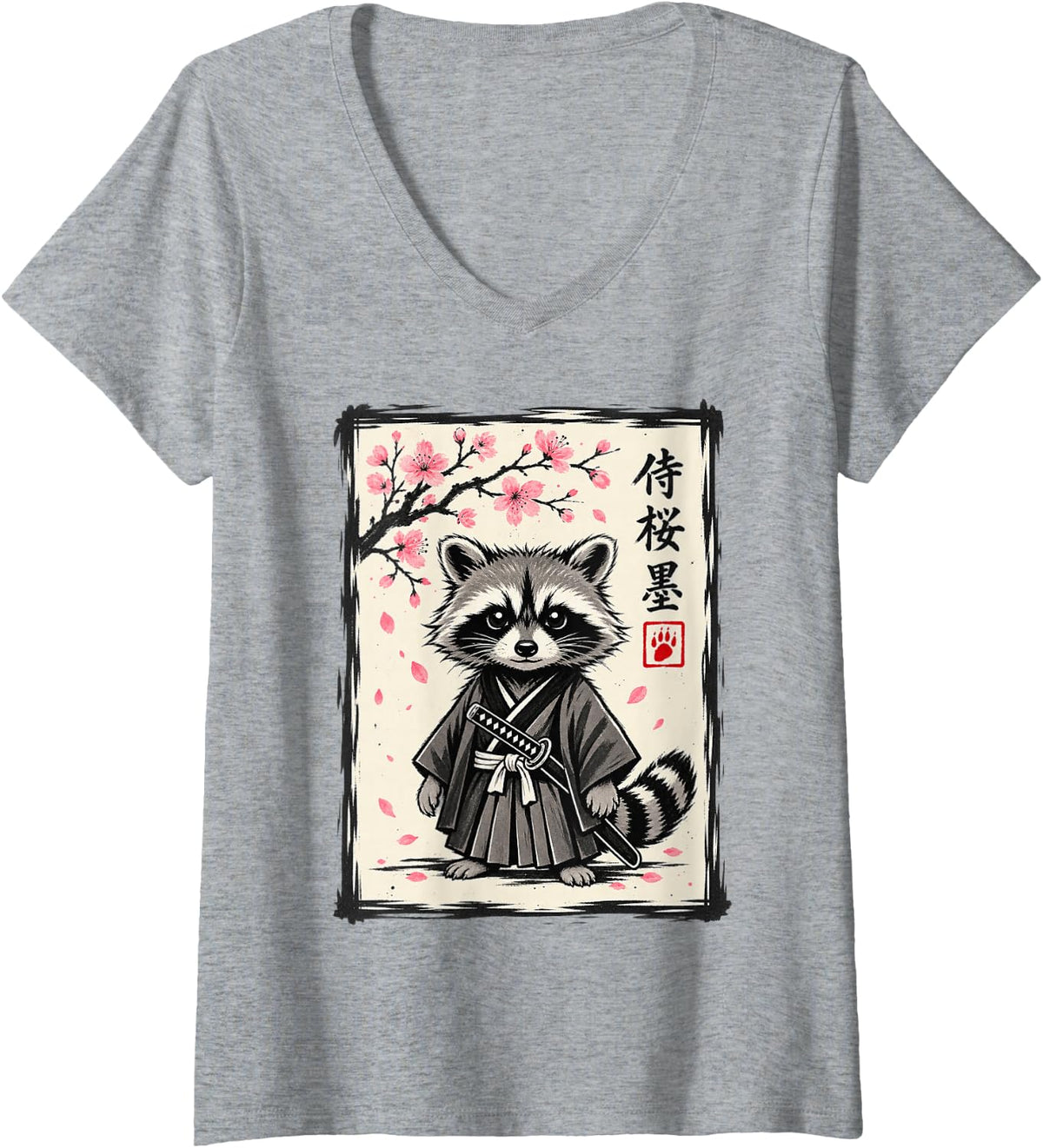 Women's Funny Samurai Raccoon Sakura Japanese Kawaii Trash Panda V-Neck T-Shirt - Heather Grey
