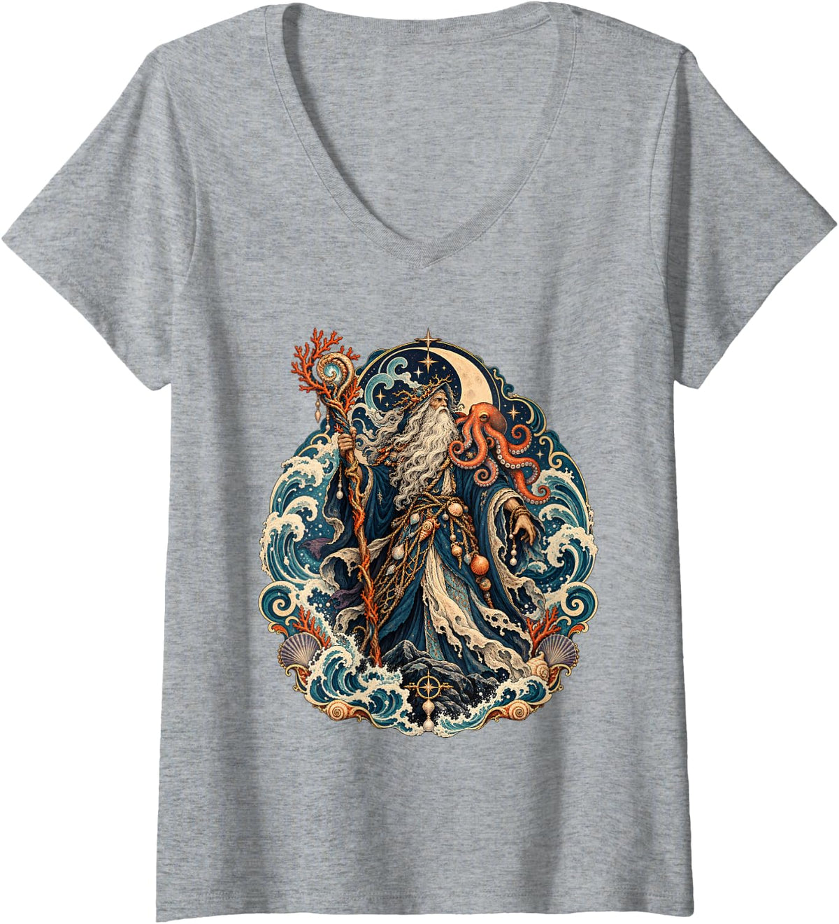 Women's Sea Sorcerer Octopus Ocean Magic Fantasy Wizard V-Neck T-Shirt - Heather Grey