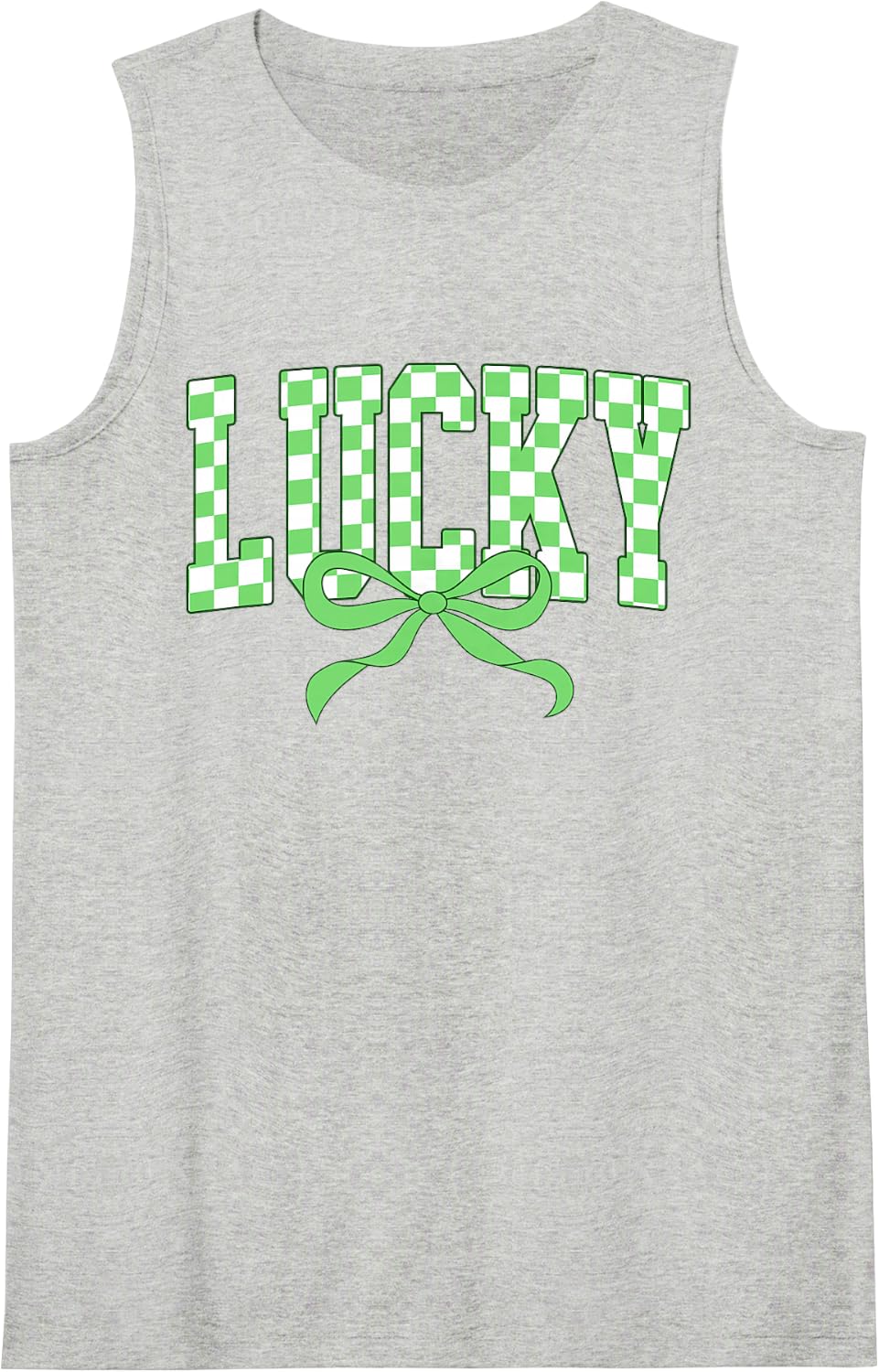 Retro Checkered St Patricks Day Lucky Shamrock Coquette Bow Sleeveless Tank Top - Heather Grey