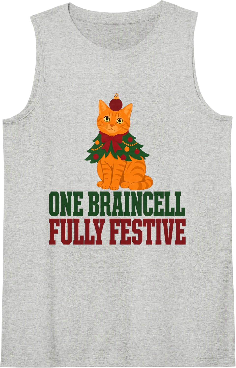 One Braincell Fully Festive Ginger Cat Christmas Sleeveless Tank Top - Heather Grey