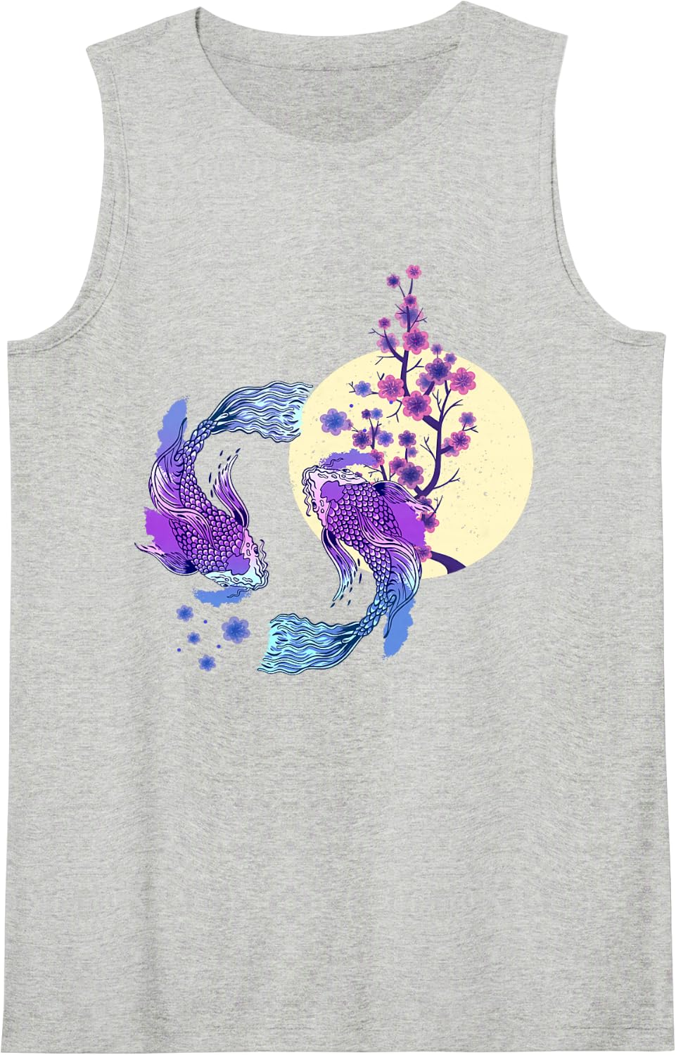 Koi Japanese Koi Carp Full Moon Yin Yang Cherry Blossom Sleeveless Tank Top - Heather Grey