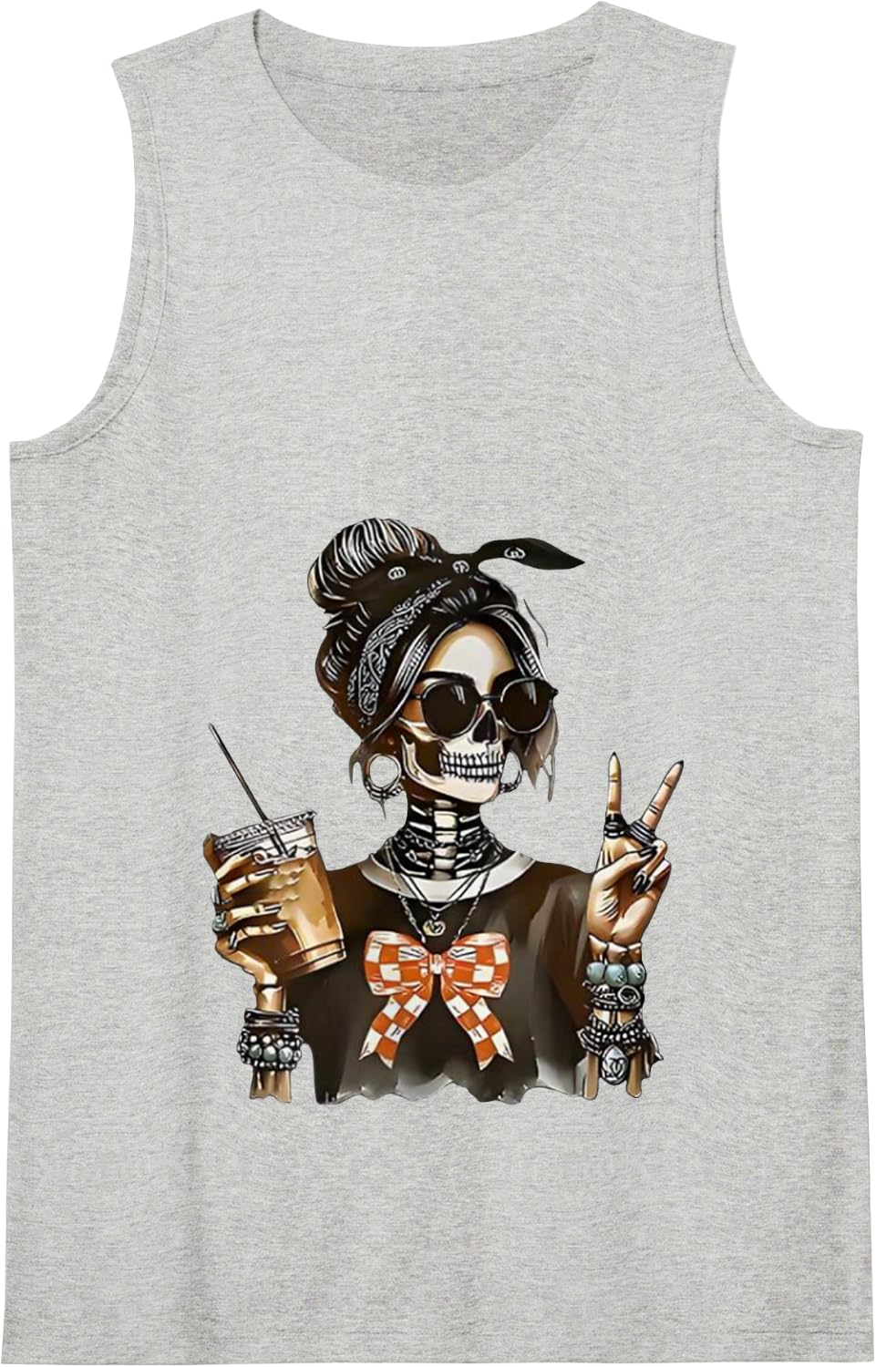 Skeleton Girl Drinking Coffee Peace Sign Graphic for Wome Tank Top - Heather Grey