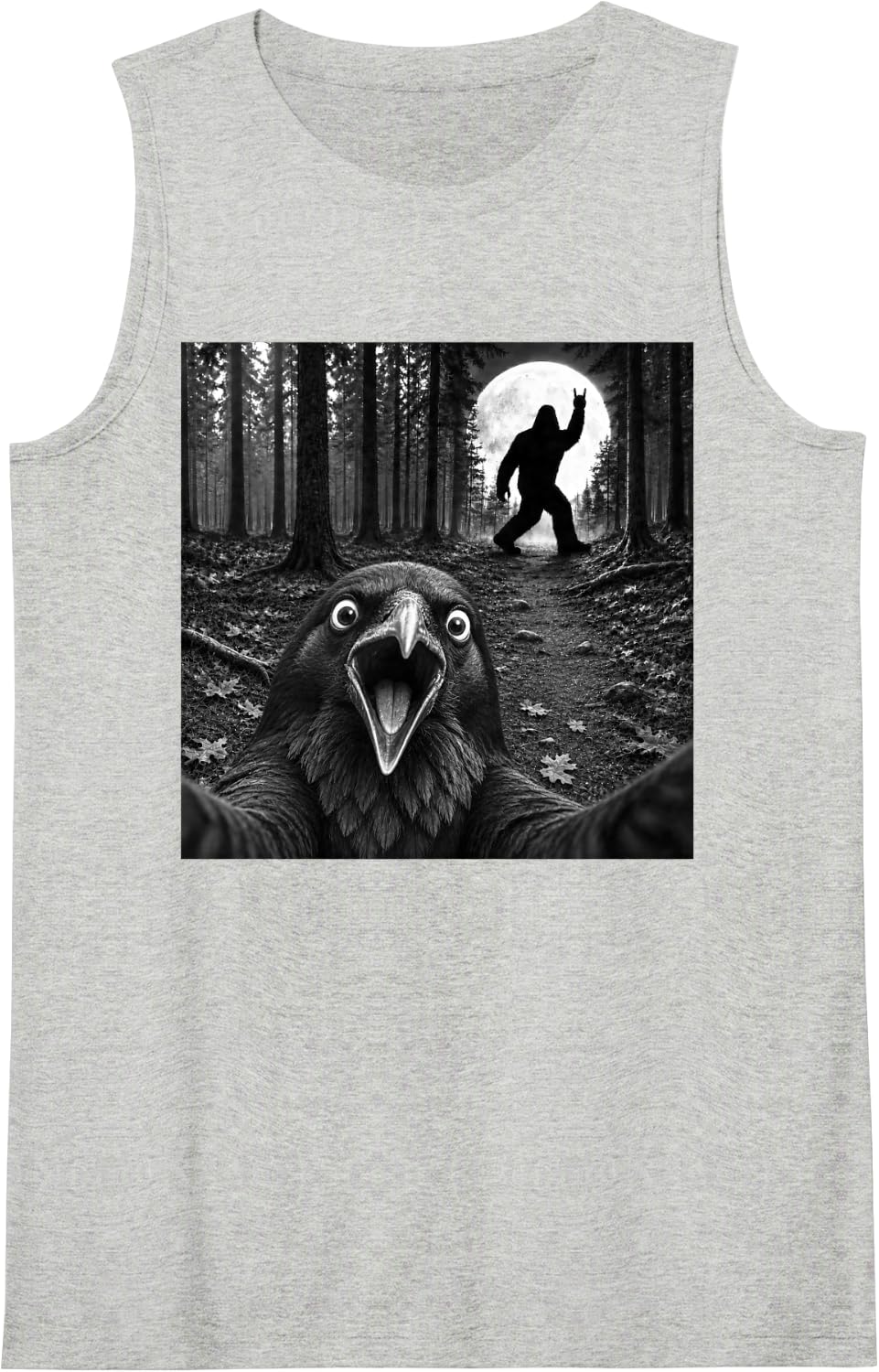 Crow Selfie with Bigfoot Rock and Roll Sasquatch Sleeveless Tank Top - Heather Grey