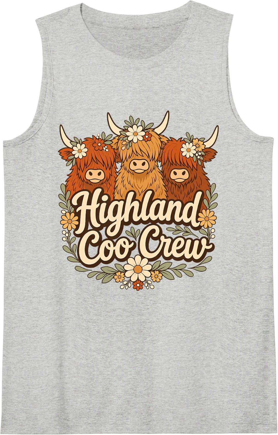 Highland Coo Crew Flower Scottish Cow Sleeveless Tank Top - Heather Grey