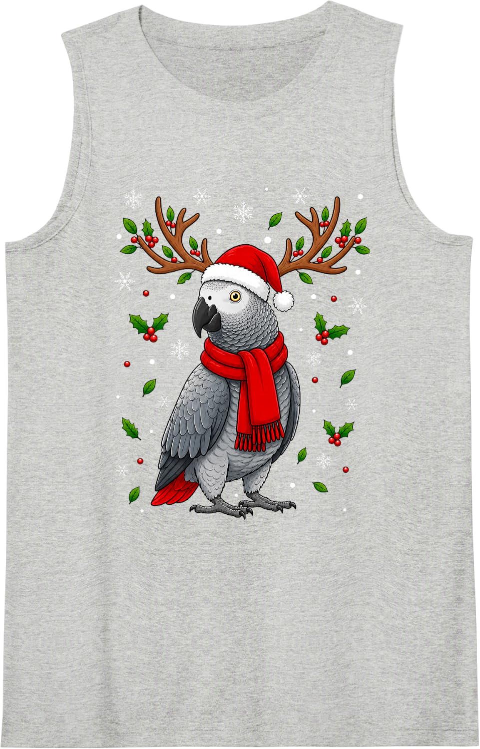 Cute Reindeer Santa Hat Grey Parrot Christmas Sleeveless Tank Top - Heather Grey