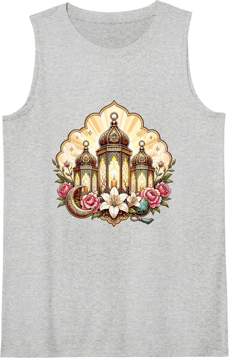 Ramadan Kareem Islamic Lantern Crescent Florals Tank Top - Heather Grey