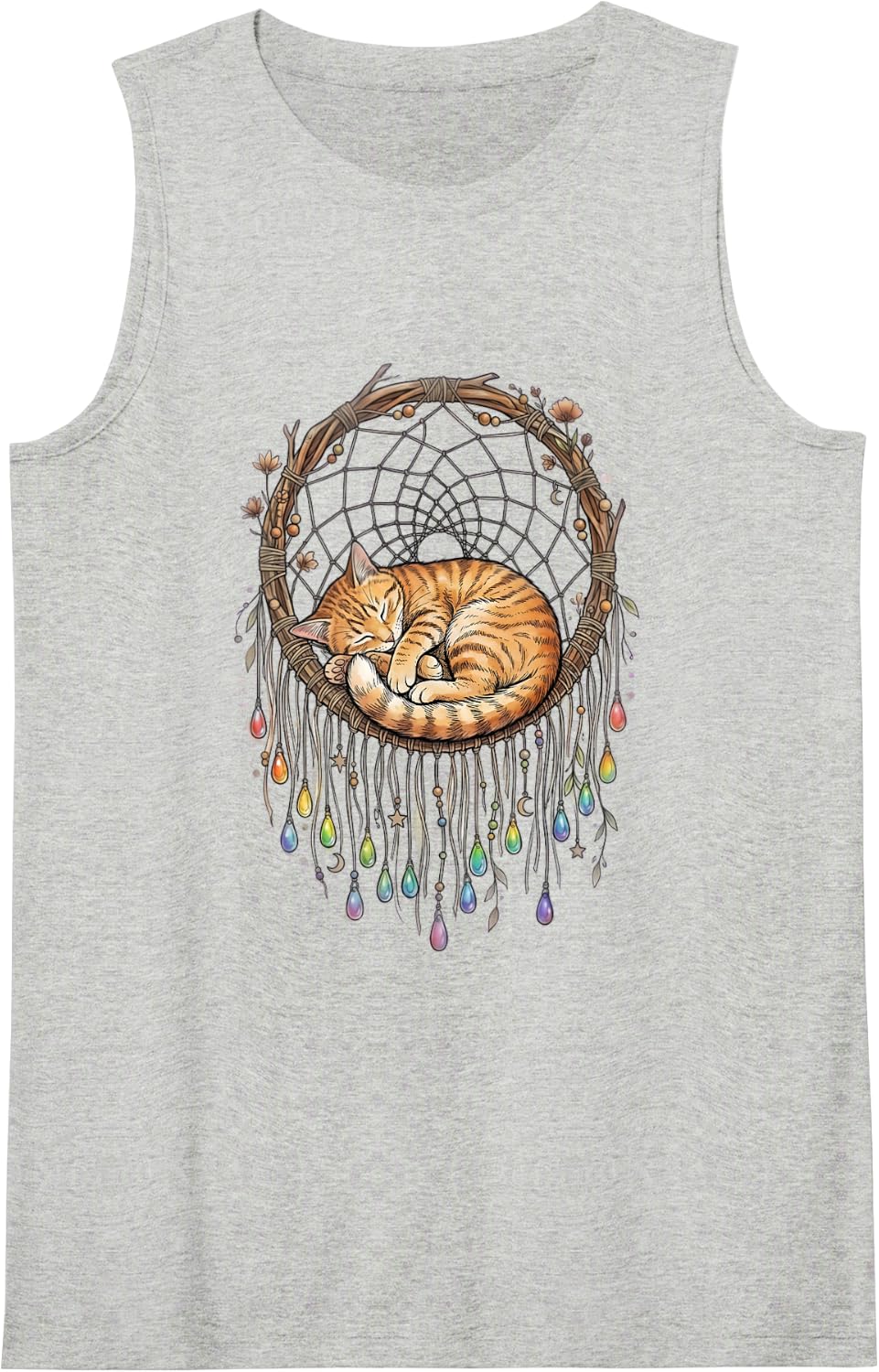 Sleeping Ginger Cat Dreamcatcher Boho Kitten Moon Star Sleeveless Tank Top - Heather Grey