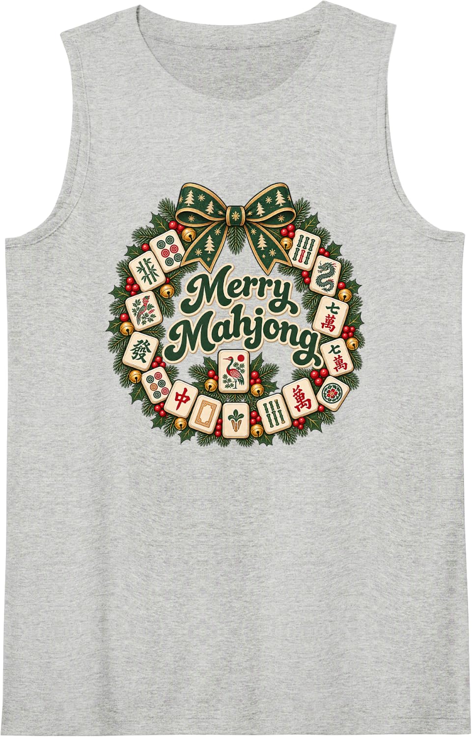 Merry Mahjong Tile Wreath Traditional Board Game Player Sleeveless Tank Top - Heather Grey