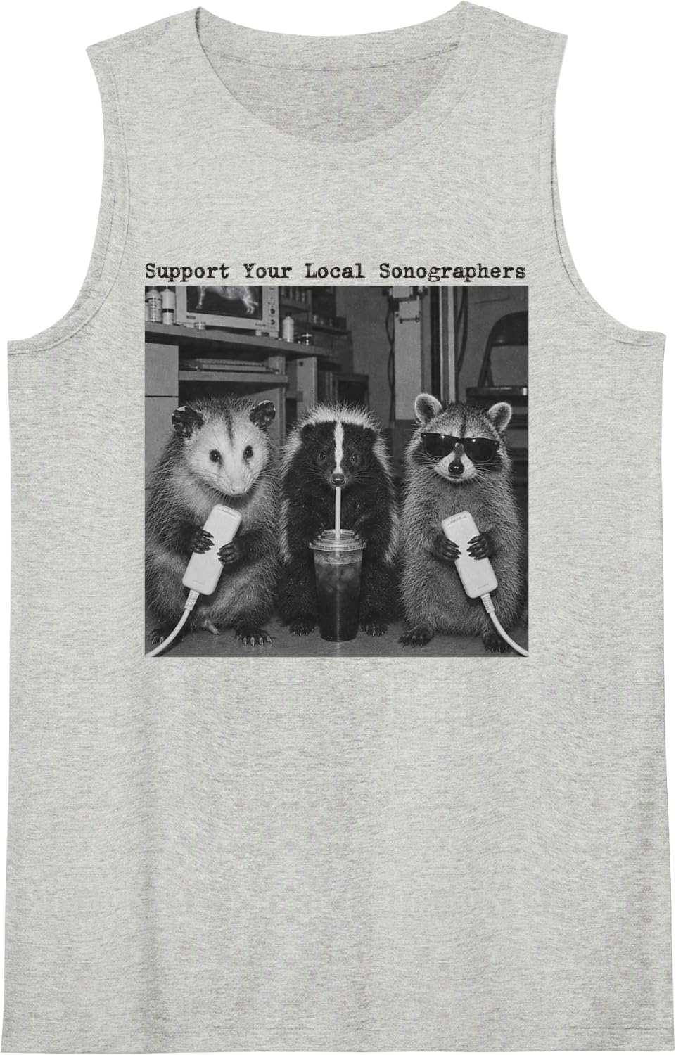 Support Your Local Sonographer Possum Raccoon Ultrasound Sleeveless Tank Top - Heather Grey